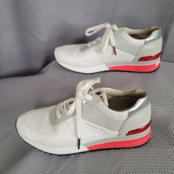 Michael Kors Womens Size 7M Sneakers Allie Perforated Leather Lace-up Gray Red - Picture 5 of 12